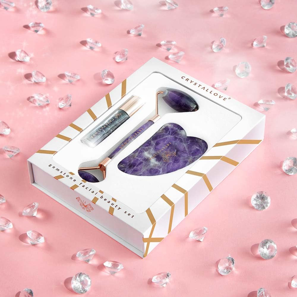 Amethyst Facial Roller Set with Gua Sha Stone and 10ml Aventurine Oil Crystals - Facial Massage Tool for Face and Eyes