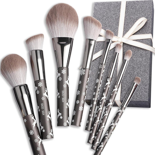 Natürliches Ziegenhaar Make-Up Pinsel Set Mit Kosmetiktasche, 10 Stück Extra Weiches Haar Lidschatten Pinsel Set Für Gesicht, Augen, Schneeflocke Rentier Weihnachten Geschenk Set.