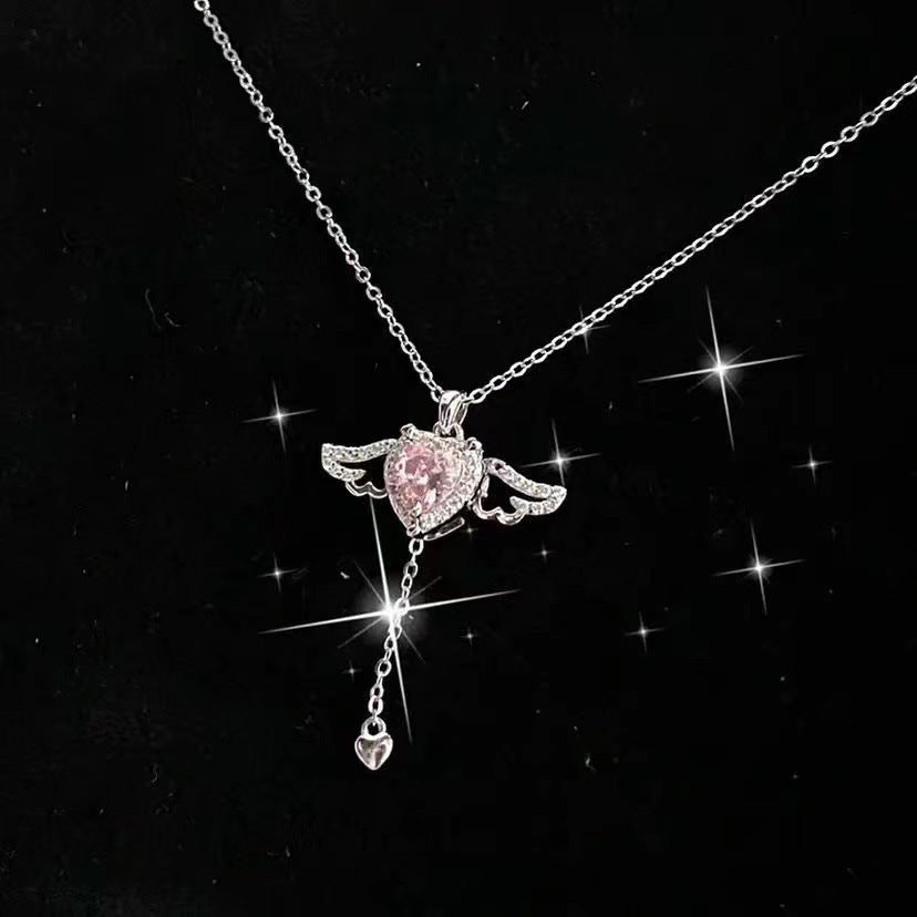 Moving Angel Wings Cupid Necklace - Crystal Heart Tassel Jewelry for Women