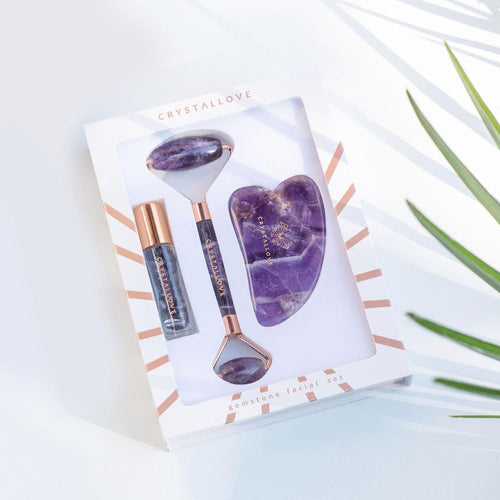 Amethyst Facial Roller Set with Gua Sha Stone and 10ml Aventurine Oil Crystals - Facial Massage Tool for Face and Eyes