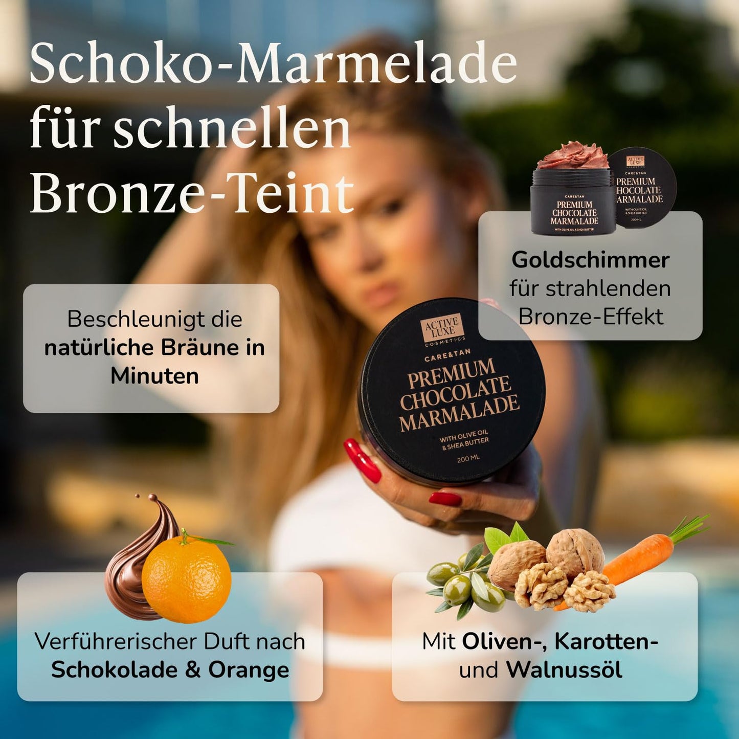 Premium Bräunungsbeschleuniger - Schokoladenmarmelade Mit Karotten - Und Olivenöl - Weltneuheit Pflege - Und Bräunungsmarmelade Für Einen Dunkleren Teint (200 Ml)