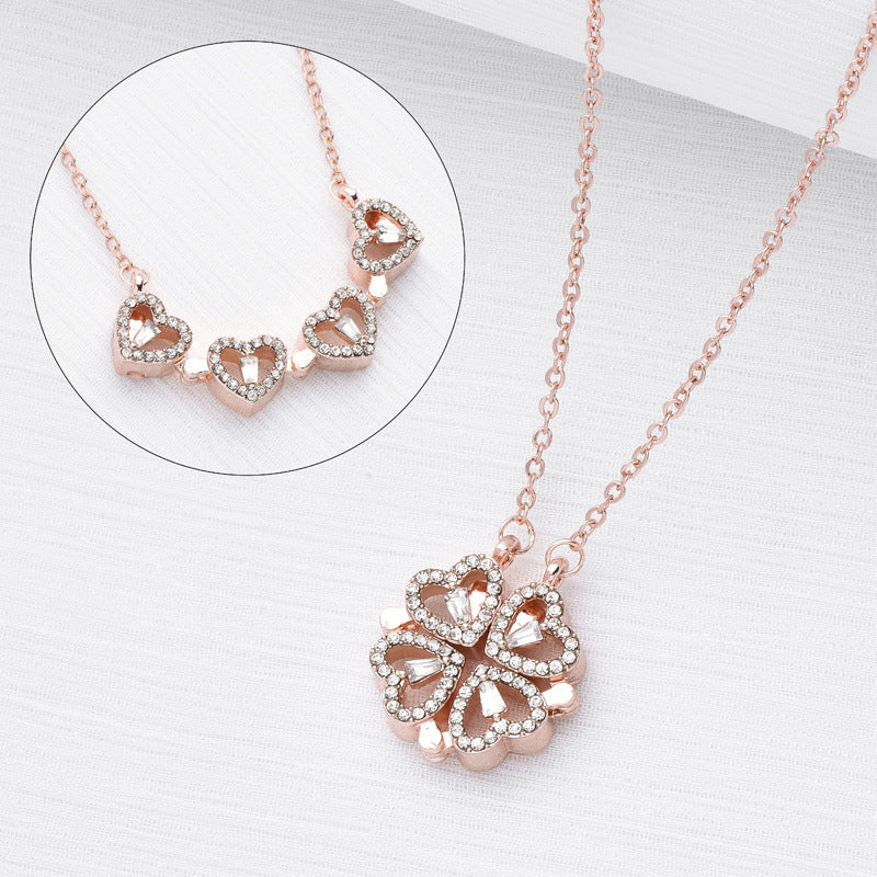 Magnetic Folding Heart Clover Necklace - 2-in-1 Retro Jewelry for Women