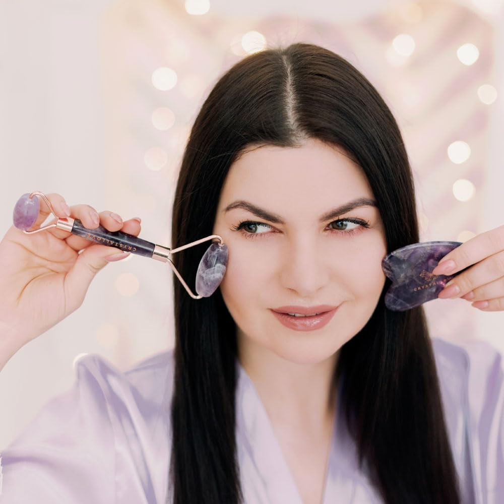 Amethyst Facial Roller Set with Gua Sha Stone and 10ml Aventurine Oil Crystals - Facial Massage Tool for Face and Eyes