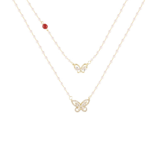 Layered Pearl & Butterfly Pendant - Elegant French Aesthetic Jewelry