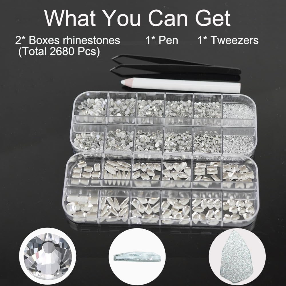 2680Stk Glitzersteine Gesicht Selbstklebend Klein, Kristallrhinestones Mit Glitzersteine Runde Gems, Nagelkunst Strass Nagel Steinchen, Nagel Steine Kristall Klar Für Nägel Pick up Stift+ Pinzette
