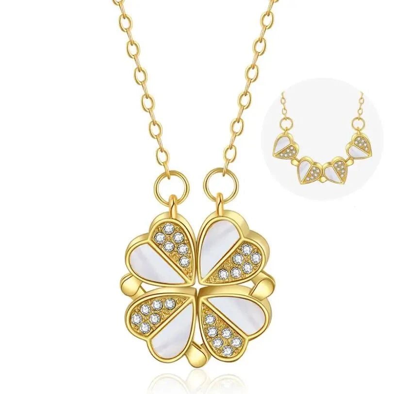Stainless Steel Clover Necklace - Luxury Crystal Heart Pendant for Women