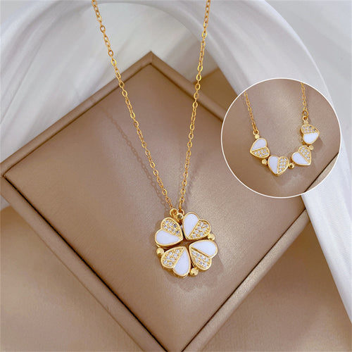 Stainless Steel Clover Necklace - Luxury Crystal Heart Pendant for Women