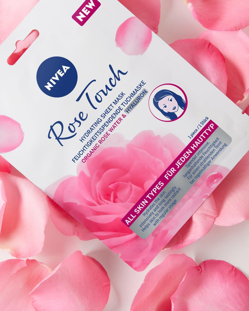 NIVEA Rose Touch Hydrating Facial Mask (1st Application), Intensive Moisturizing Face Mask with Organic Rose Water and Hyaluronic Acid (Pack of 5)