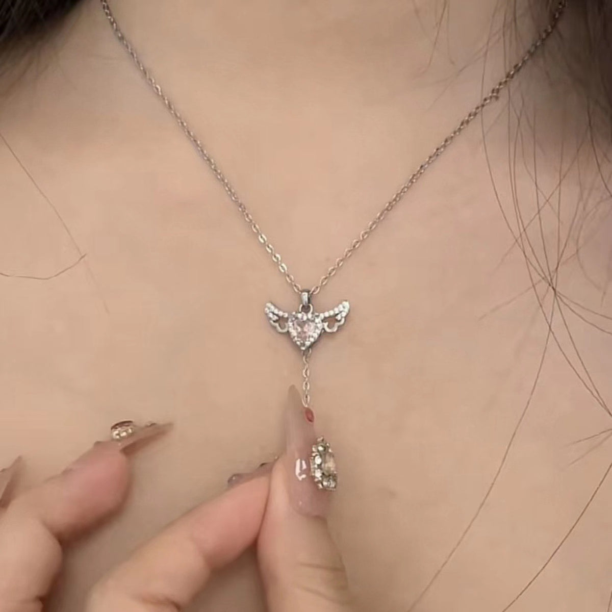 Moving Angel Wings Cupid Necklace - Crystal Heart Tassel Jewelry for Women