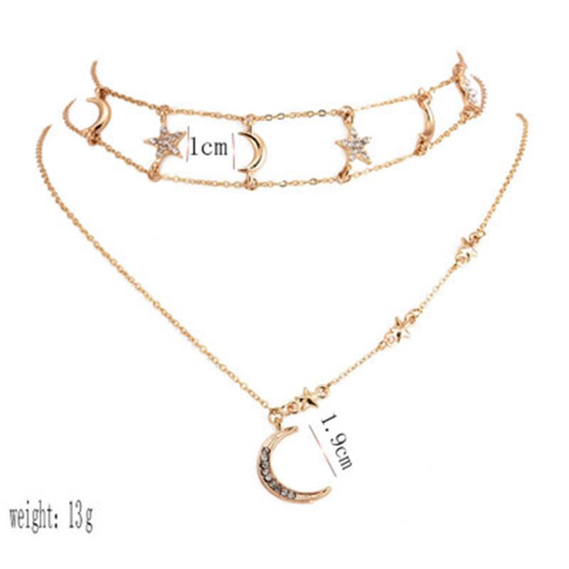 Multi-Layer Star and Moon Necklace - Full Diamond Sparkle Pendant for Women