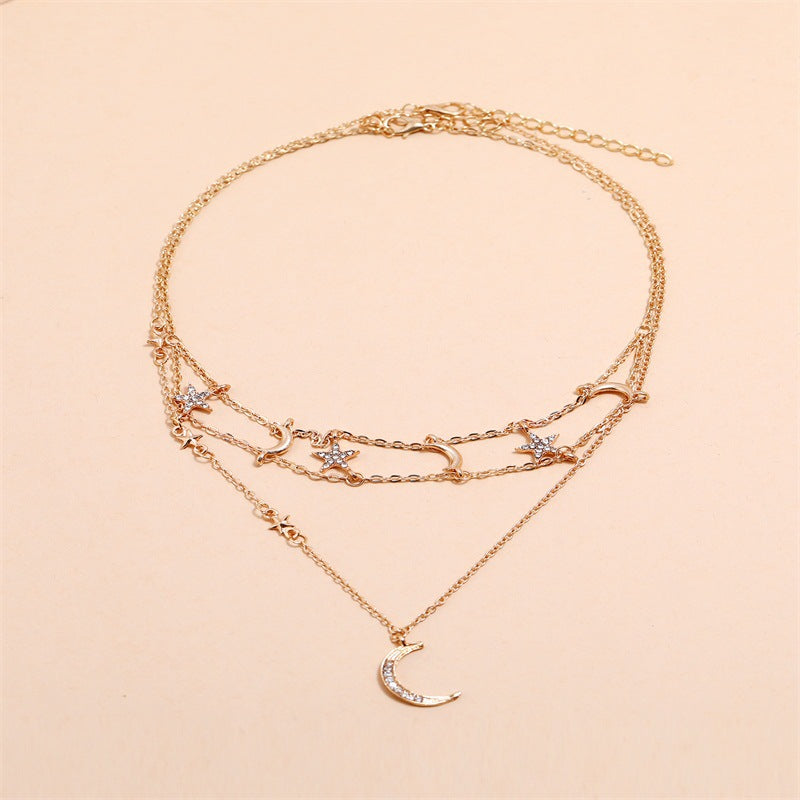Multi-Layer Star and Moon Necklace - Full Diamond Sparkle Pendant for Women