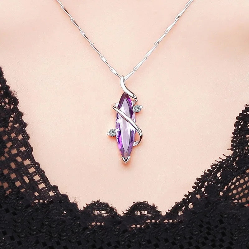 Aesthetic Purple CZ Women'S Necklace Marquise/Square/Water Drop/Flower Pendant Luxury Fashion Female Wedding Jewelry 2021
