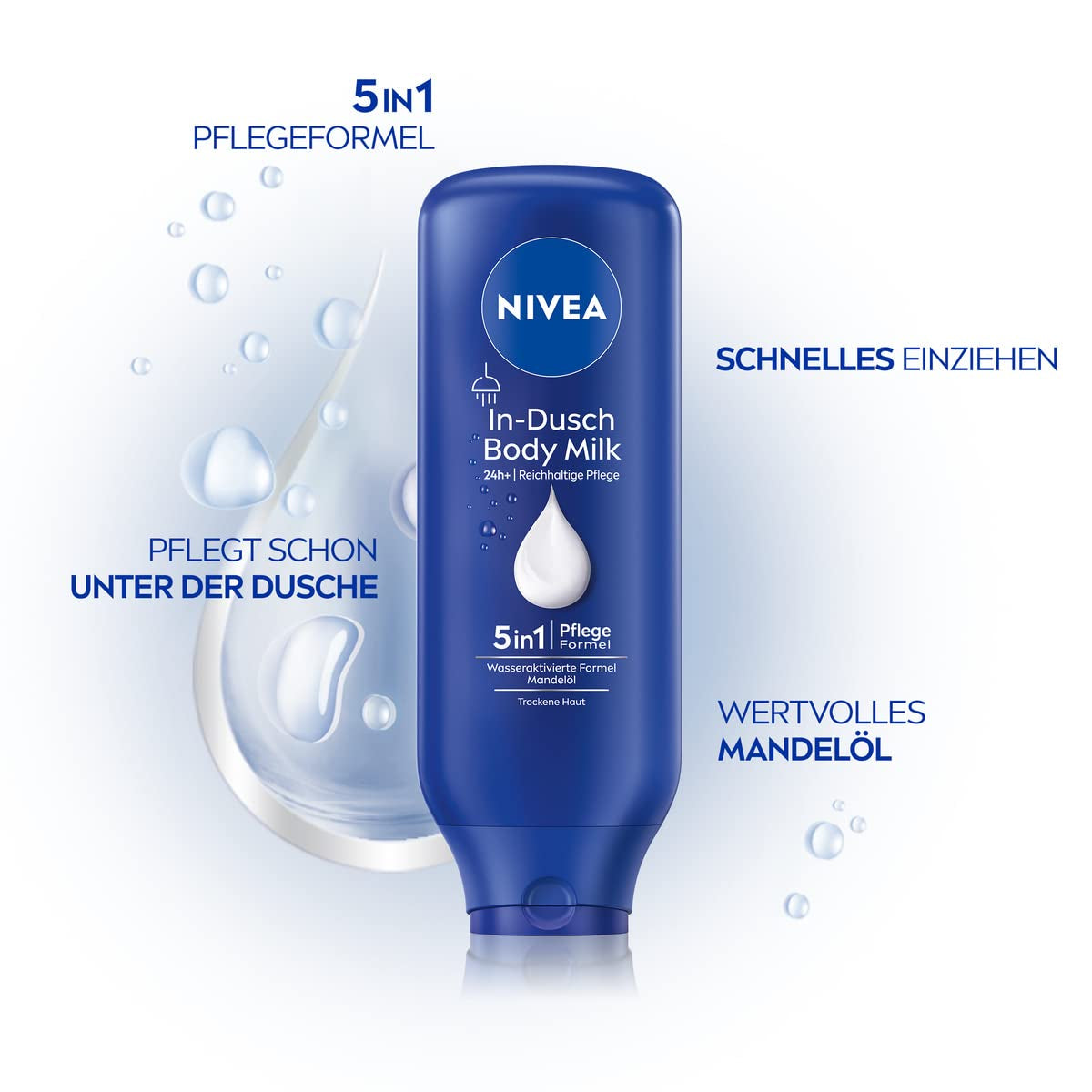 NIVEA In-Dusch Body Milk (400 Ml), Körpercreme Mit Mandel-Öl Und Wasseraktivierter 5In1 Pflege Formel, Feuchtigkeitsspendende Body Lotion Für Die Dusche