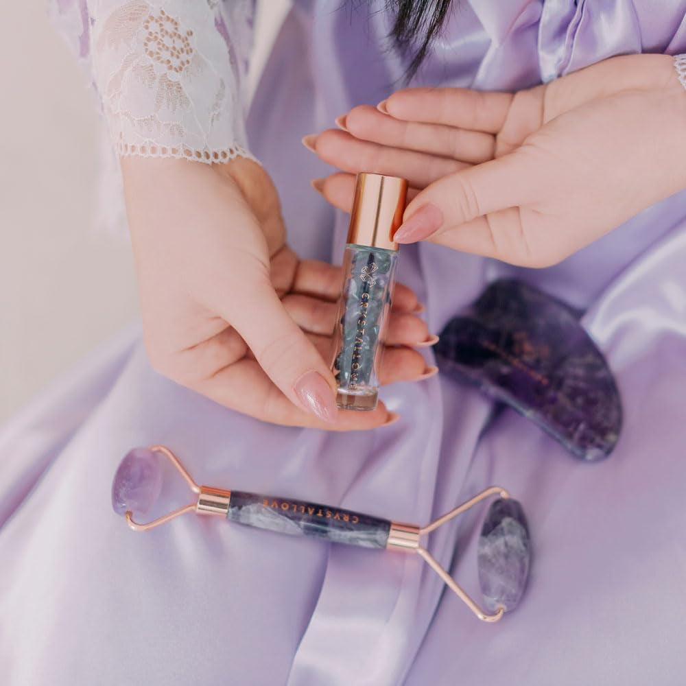 Amethyst Facial Roller Set with Gua Sha Stone and 10ml Aventurine Oil Crystals - Facial Massage Tool for Face and Eyes
