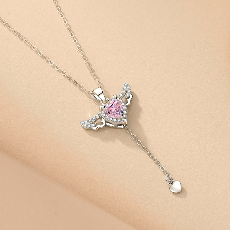 Moving Angel Wings Cupid Necklace - Crystal Heart Tassel Jewelry for Women