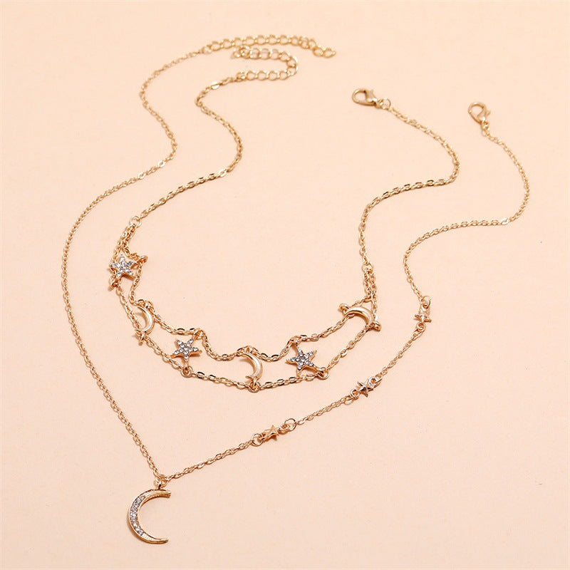 Multi-Layer Star and Moon Necklace - Full Diamond Sparkle Pendant for Women