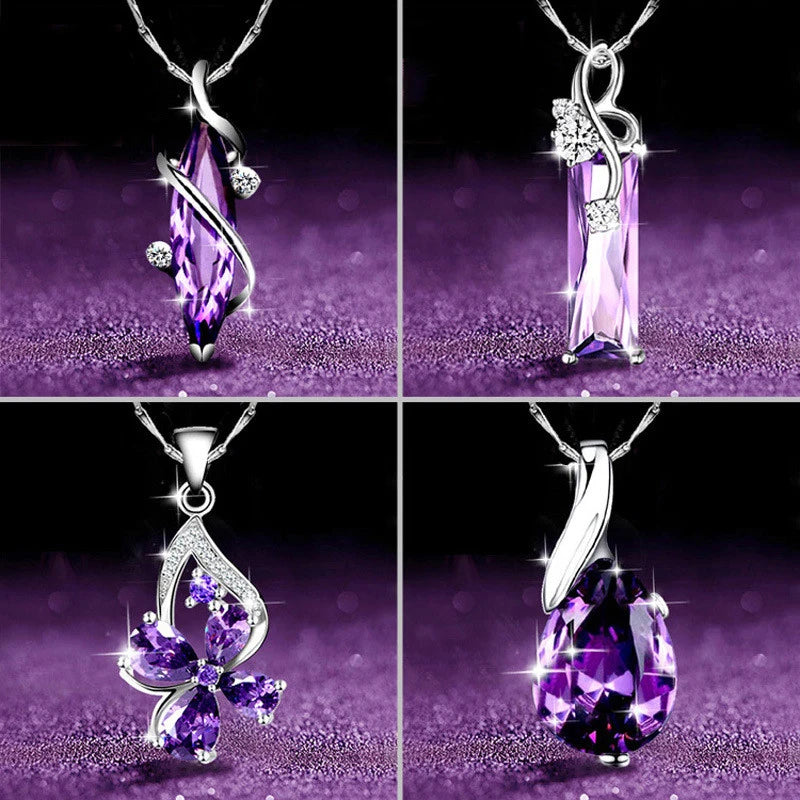 Aesthetic Purple CZ Women'S Necklace Marquise/Square/Water Drop/Flower Pendant Luxury Fashion Female Wedding Jewelry 2021