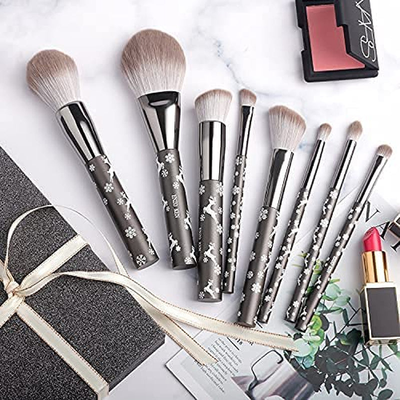 Natürliches Ziegenhaar Make-Up Pinsel Set Mit Kosmetiktasche, 10 Stück Extra Weiches Haar Lidschatten Pinsel Set Für Gesicht, Augen, Schneeflocke Rentier Weihnachten Geschenk Set.