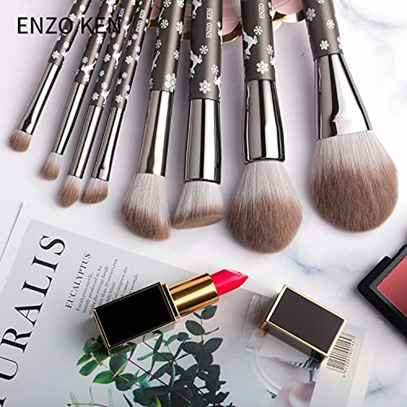Natürliches Ziegenhaar Make-Up Pinsel Set Mit Kosmetiktasche, 10 Stück Extra Weiches Haar Lidschatten Pinsel Set Für Gesicht, Augen, Schneeflocke Rentier Weihnachten Geschenk Set.